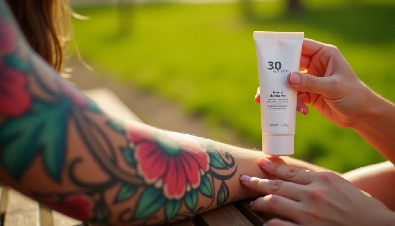 Application de crème solaire SPF 50 minérale sur un tatouage coloré au bras pour prévenir la décoloration des pigments par les rayons UV