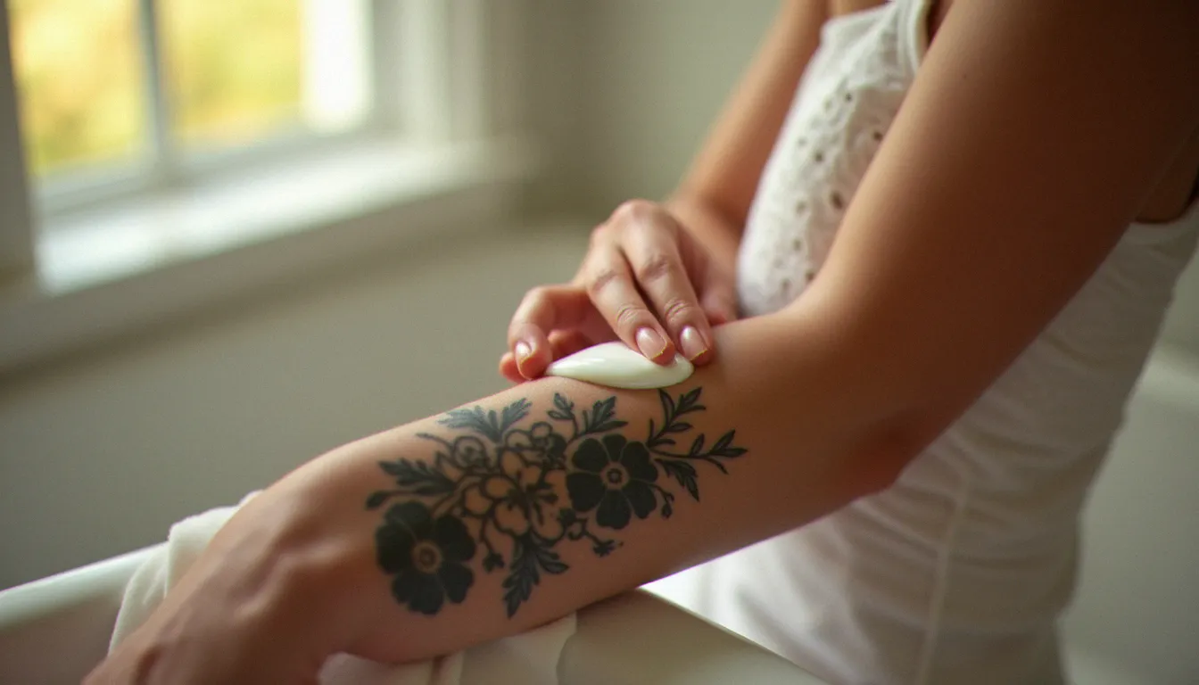 Application de crème hydratante non parfumée sur un tatouage floral en noir, illustrant les gestes clés d'un entretien tatouage long terme quotidien