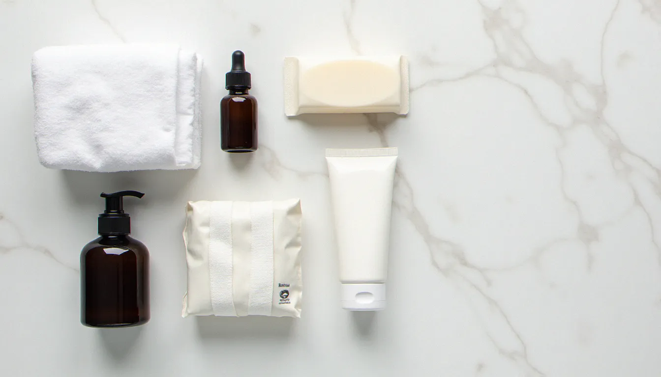 Kit de soin post tatouage disposé en flat lay sur marbre blanc avec crème cicatrisante, savon doux sans parfum, compresses stériles et serviette propre