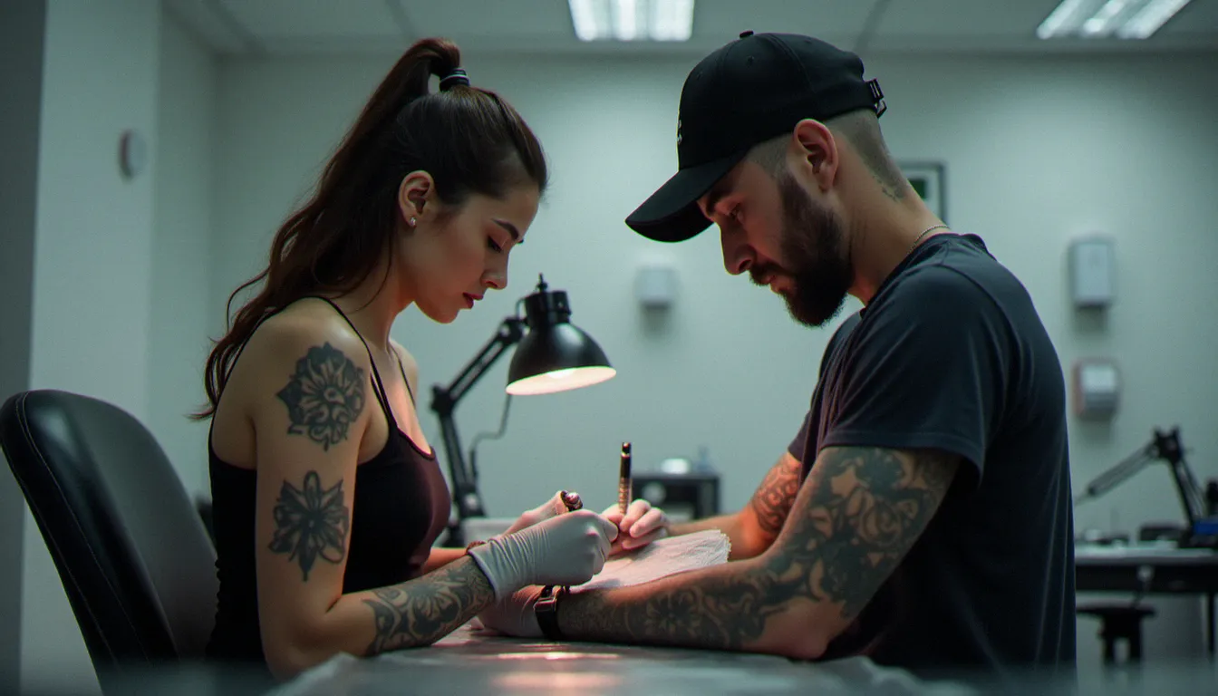 Tatoueuse professionnelle appliquant un film protecteur transparent sur un tatouage géométrique frais sur le bras d'un client dans un studio de tatouage minimaliste
