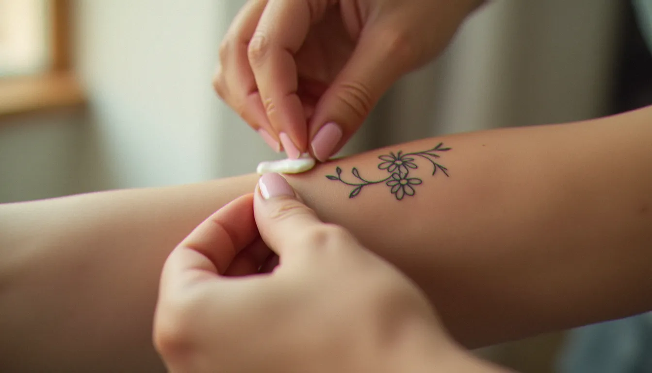Soin post tatouage appliqué délicatement sur un avant-bras fraîchement tatoué avec un motif floral, mains propres massant une crème cicatrisante en fine couche