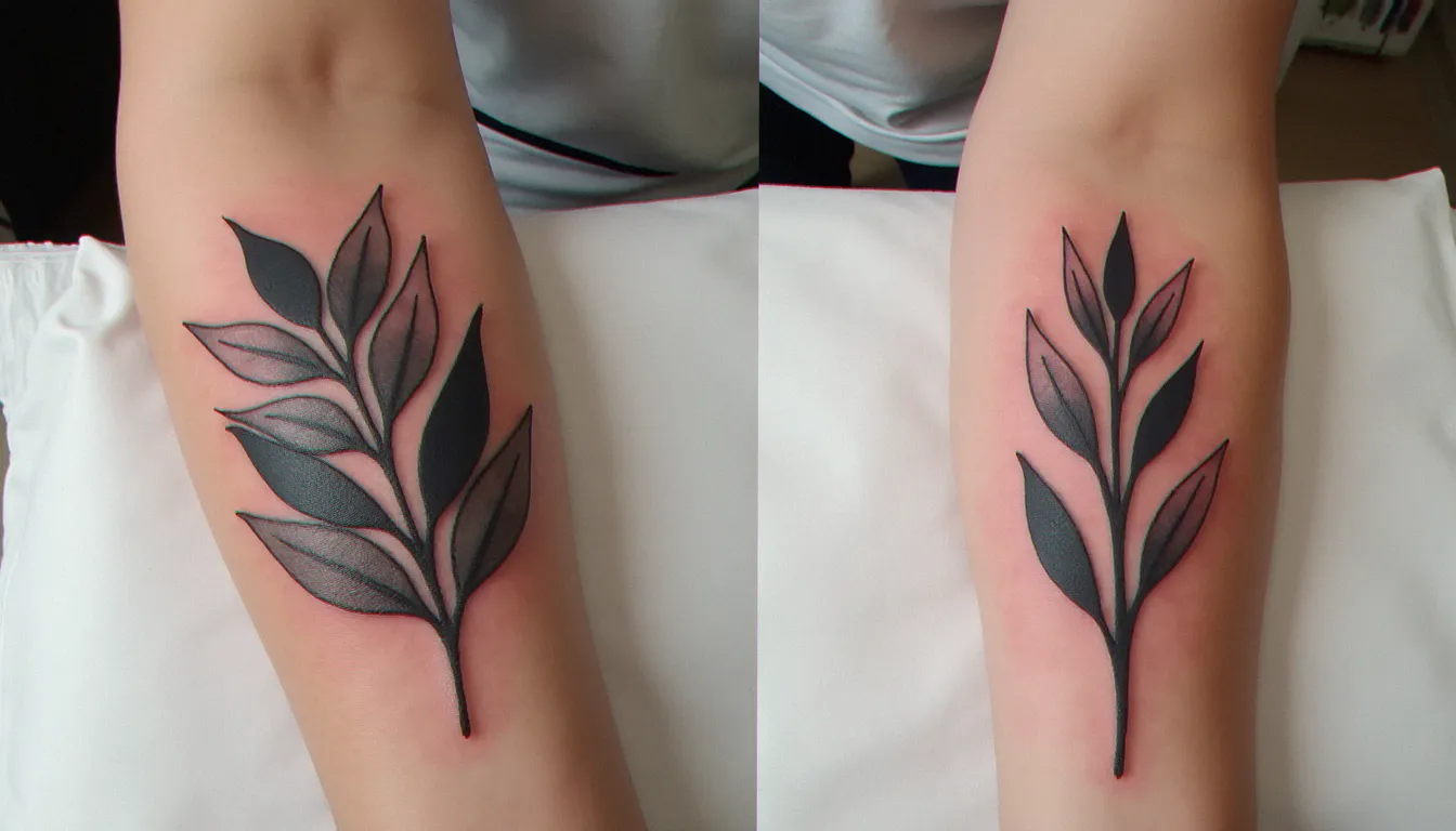 Comparaison des phases de cicatrisation d'un tatouage botanique entre J3 avec croûtes légères et J21 avec peau guérie, illustrant l'efficacité du soin tatouage dexeryl