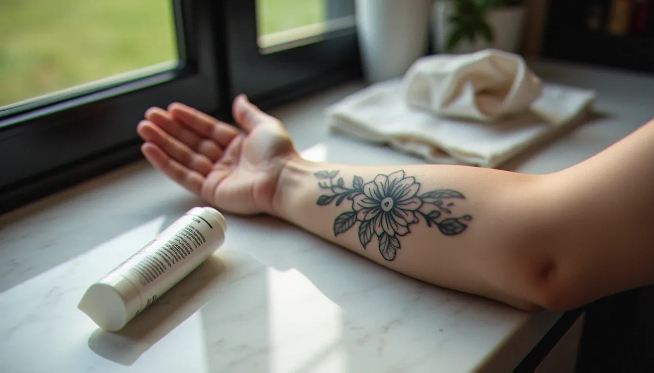 Application de crème Dexeryl sur un tatouage frais en noir et gris sur l'avant-bras, soin post-tatouage dexeryl en studio