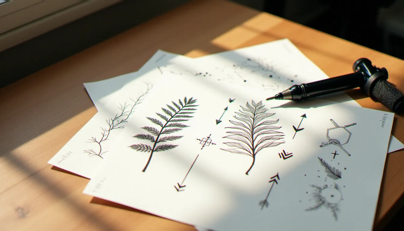 Planches de motifs dessinés à la main pour tatouage discret à la nuque : botaniques, constellations et flèches posées sur une table de studio de tatouage