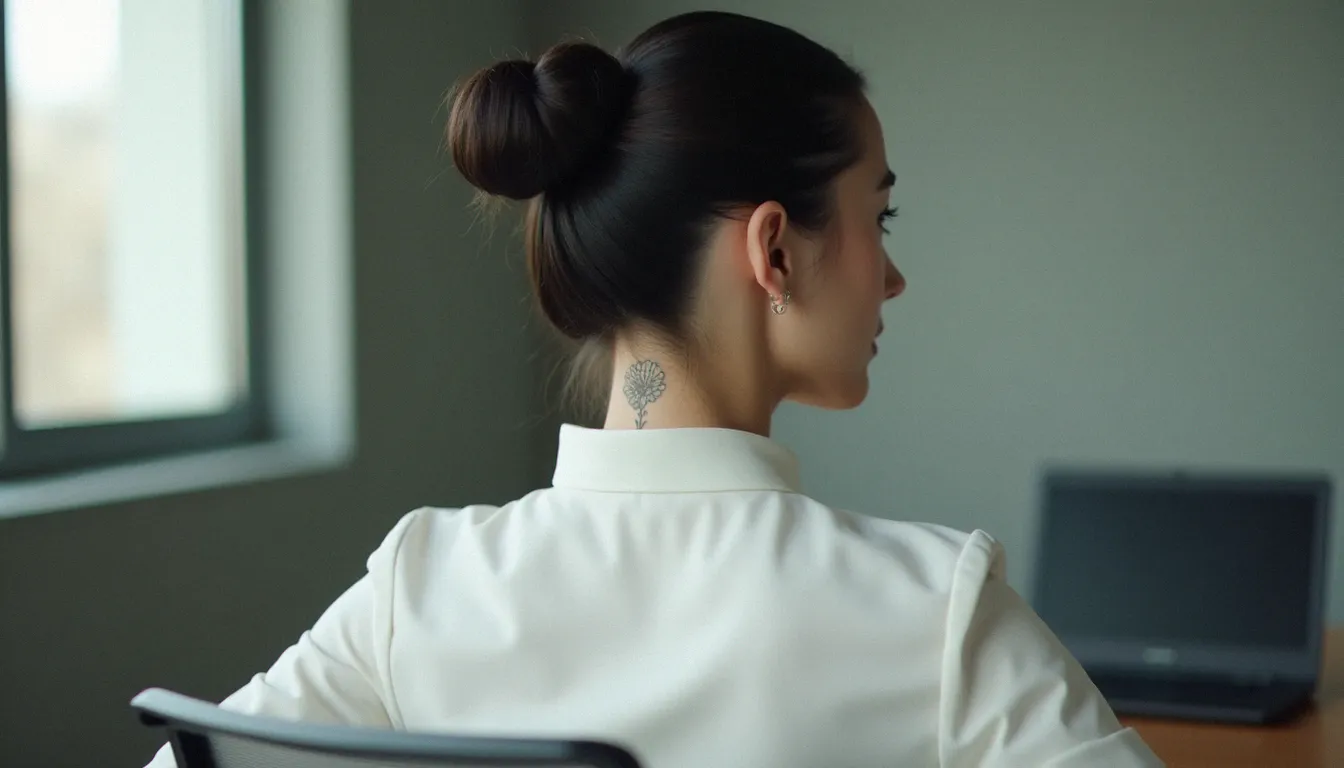 Femme en environnement professionnel dont le petit tatouage floral à la nuque reste discret sous le chignon, illustrant la gestion de la visibilité au travail