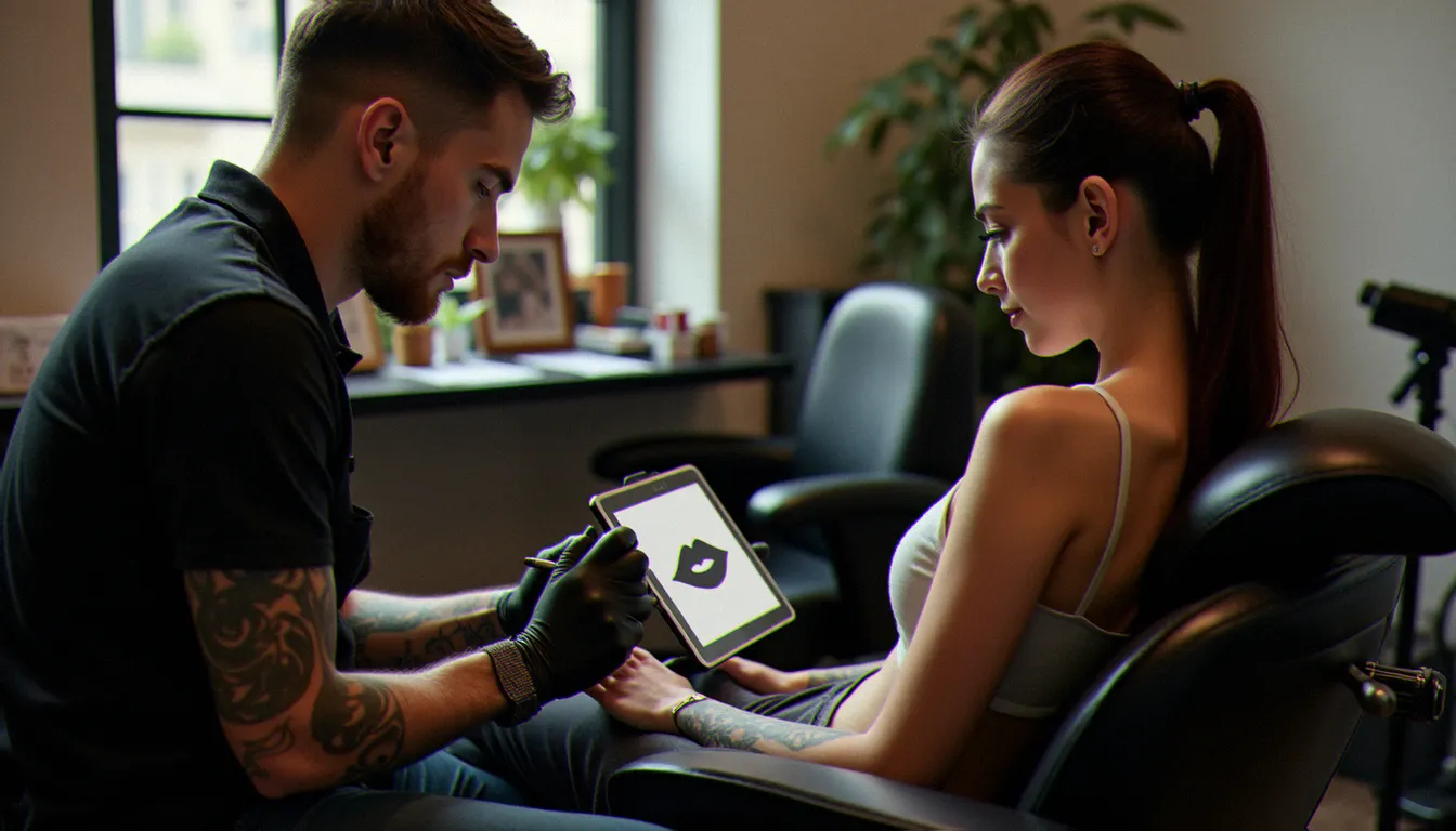 Consultation en studio de tatouage entre tatoueuse et cliente pour un projet de tatouage sur les lèvres, design minimaliste sur tablette