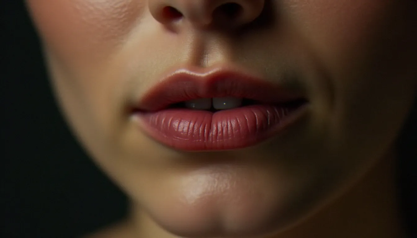 Gros plan sur un tatouage extérieur récent sur les lèvres, motif géométrique minimaliste sur le contour labial, peau légèrement rosée après la séance
