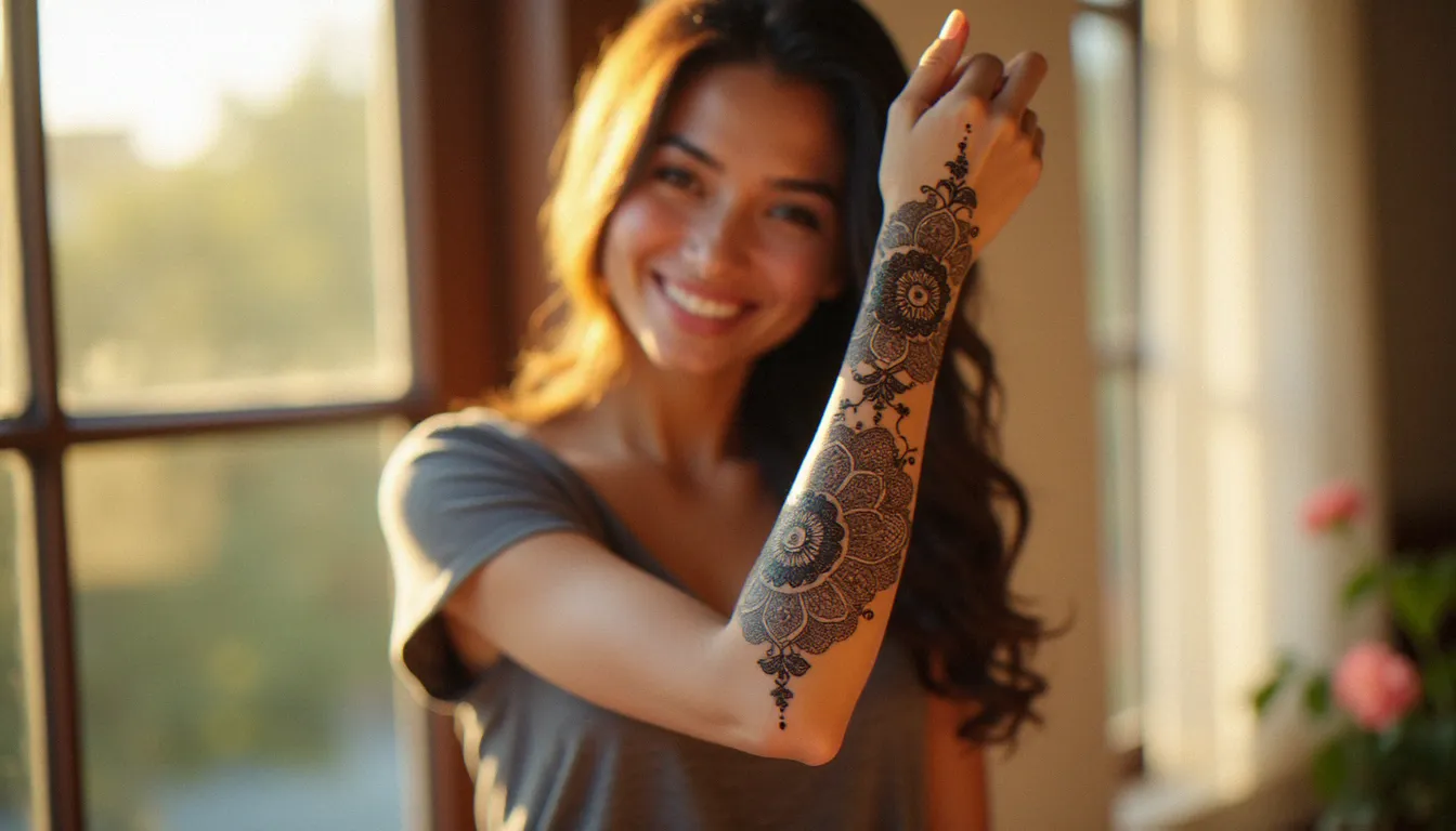 Jeune femme souriante montrant son tatouage éphémère au henné avec un motif mandala détaillé sur le poignet et l'avant-bras