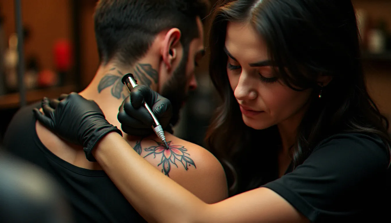 Tatoueuse concentrée dessinant un motif floral éphémère à main levée sur l'épaule d'une cliente avec un cône applicateur jagua, lumière chaleureuse de studio