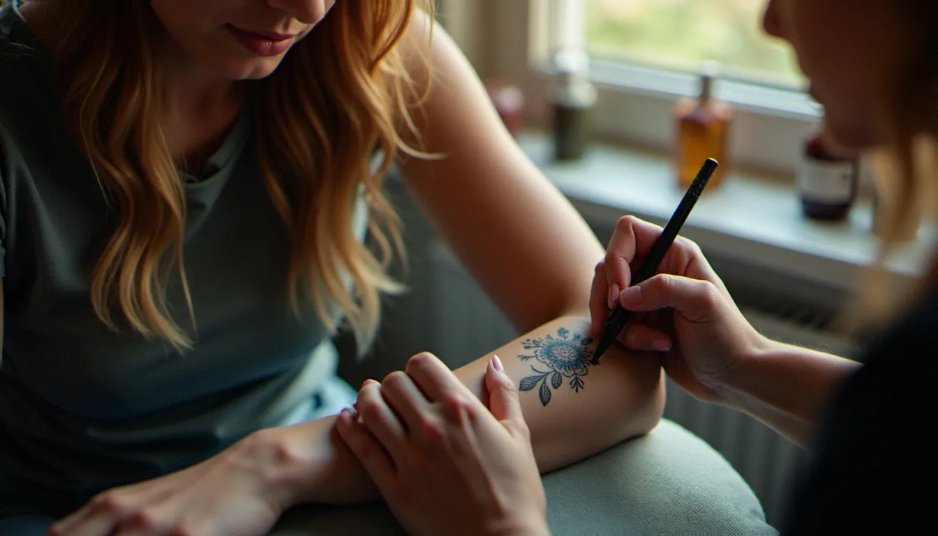 Tatoueuse appliquant un tatouage éphémère à la jagua sur l'avant-bras d'une cliente dans un studio de tatouage moderne et lumineux
