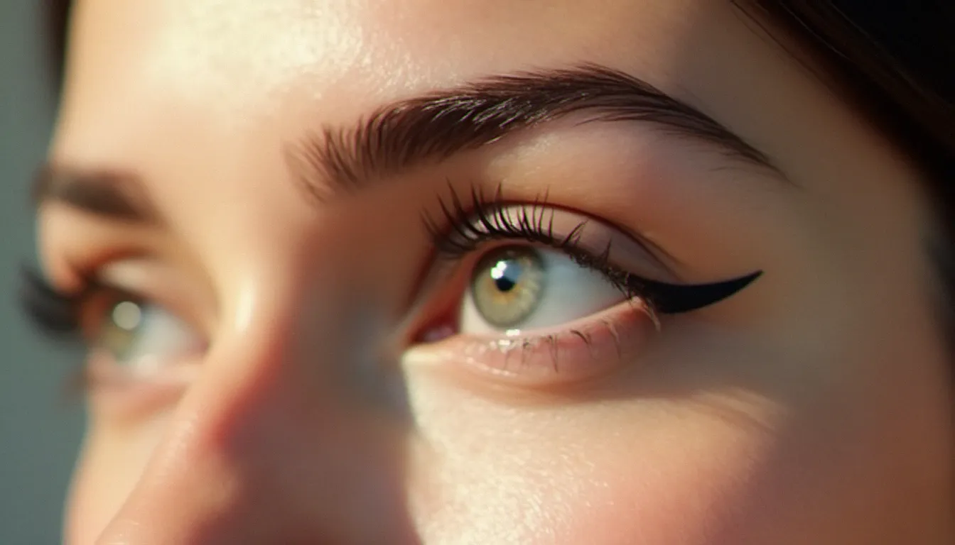 Gros plan sur un tatouage eye liner frais sur paupière supérieure montrant le résultat immédiat après séance de maquillage permanent