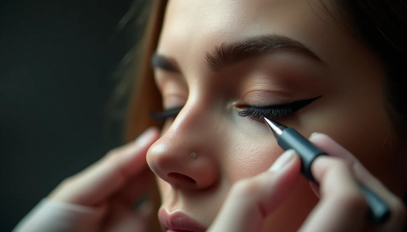Tatoueuse appliquant un tatouage eye liner permanent sur la paupière supérieure d'une cliente, avis tatouage eye liner en studio professionnel