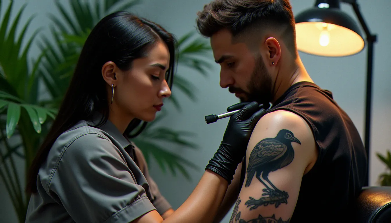 Tatoueuse réalisant un tatouage inka représentant un condor andin sur l'omoplate d'un client dans un studio professionnel éclairé