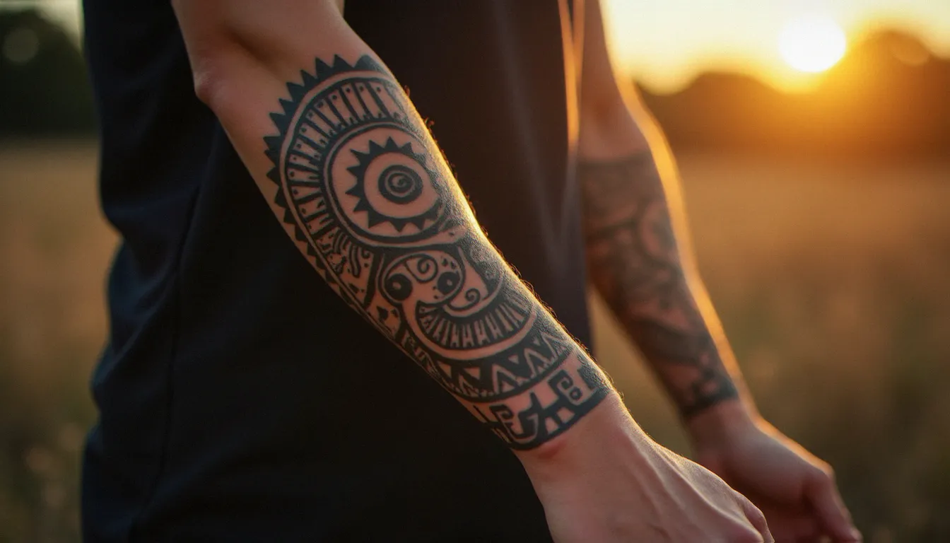 Tatouages inka cicatrisés sur l'avant-bras avec motifs soleil Inti et serpent Amaru photographiés en lumière naturelle dorée