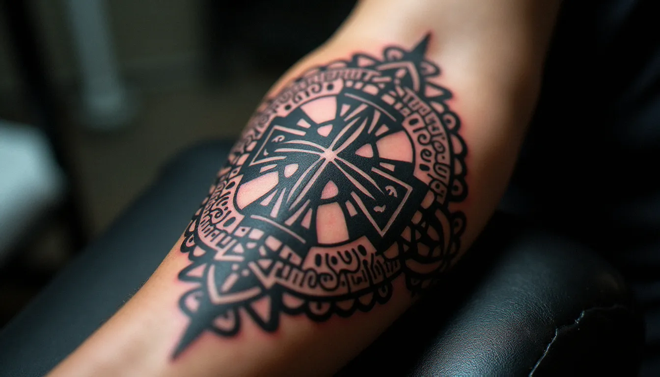 Tatouage inka géométrique représentant une chakana andine sur l'avant-bras, réalisé en studio professionnel avec des lignes noires précises