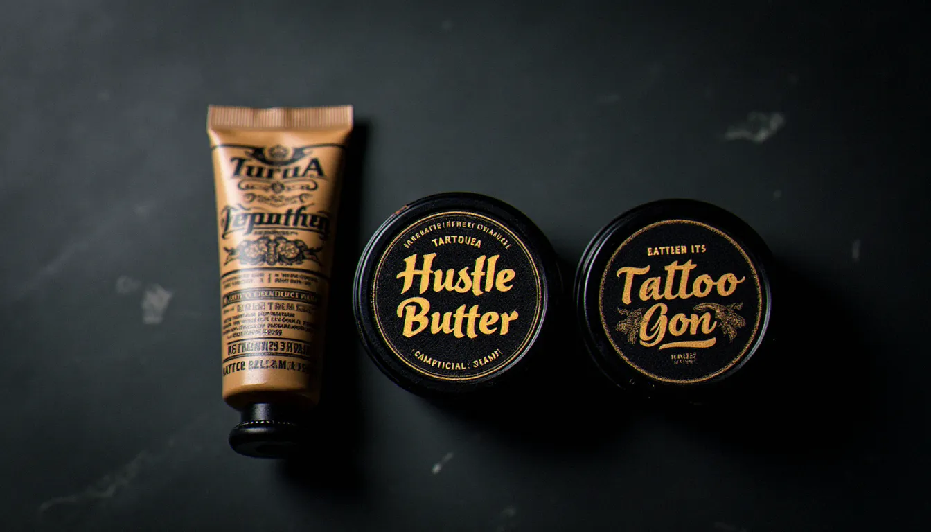 Comparatif visuel de plusieurs crèmes pour tatouage dont Bepanthen, Hustle Butter et Tattoo Goo posées côte à côte sur une ardoise sombre