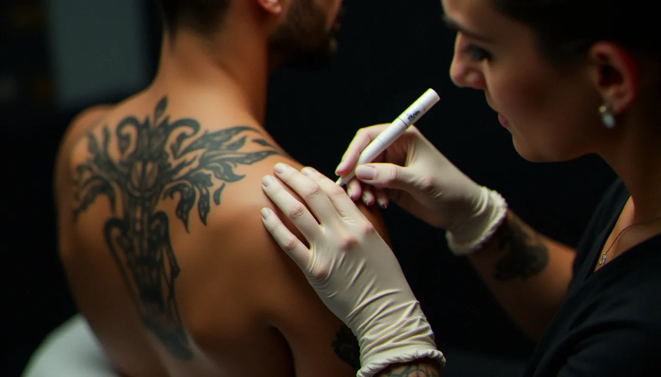 Tatoueuse appliquant délicatement une fine couche de crème cicatrisante sur le tatouage d'épaule d'une cliente dans un studio de tatouage épuré