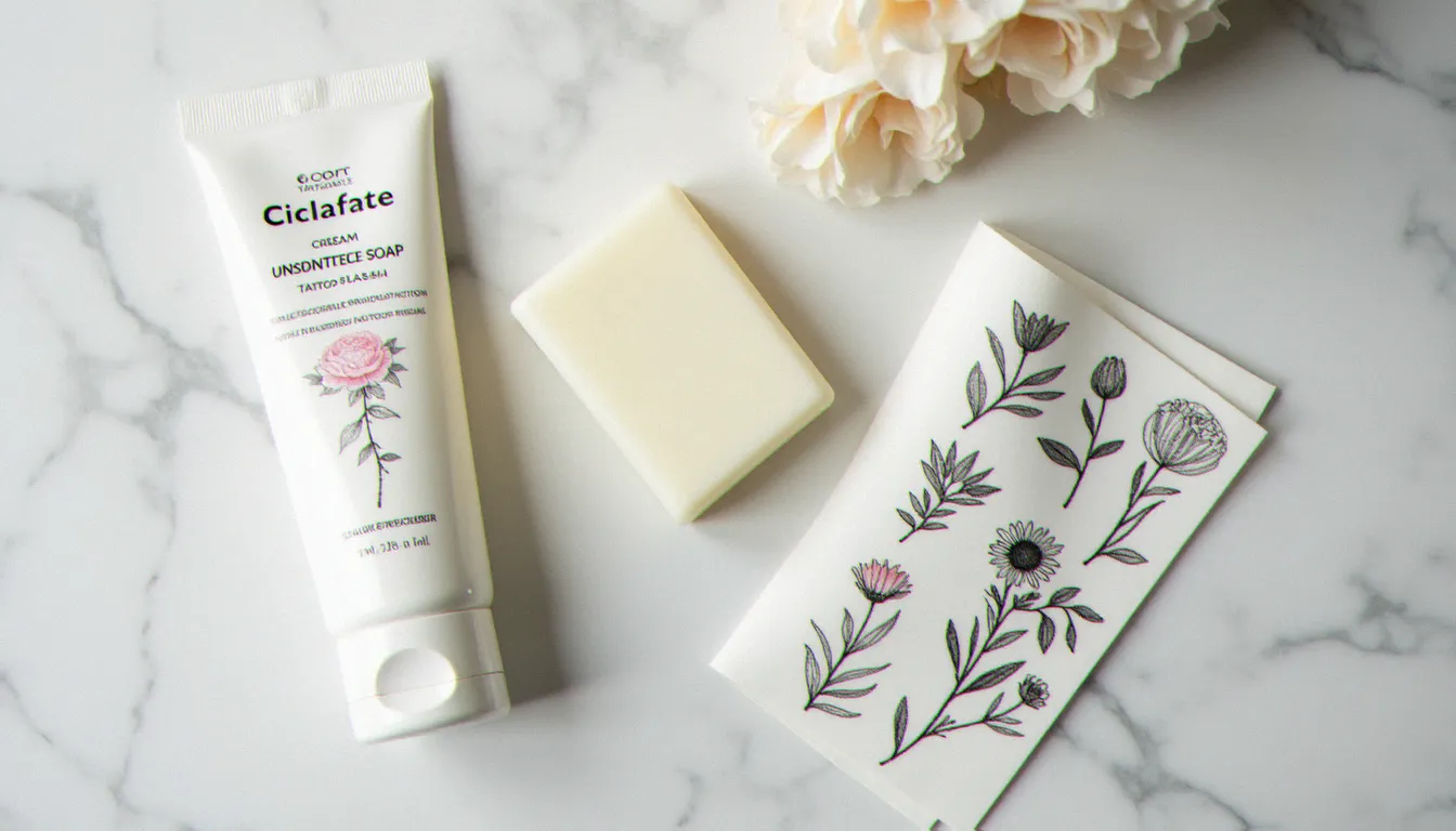 Produits de soin pour tatouage dont la crème cicalfate disposés sur une surface en marbre avec des dessins de flash tatouage botaniques