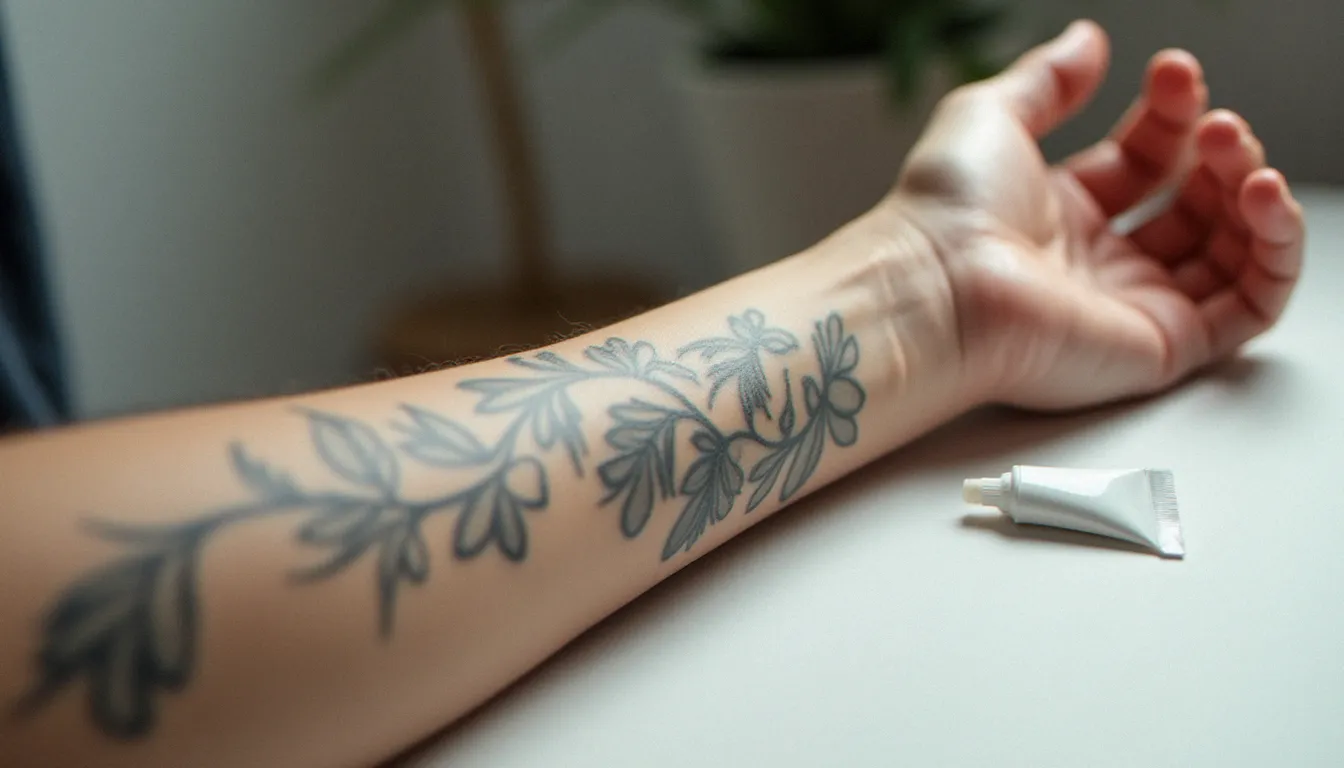 Application de crème cicalfate sur un tatouage botanique noir fraîchement réalisé sur un avant-bras, soin cicalfate tatouage avis