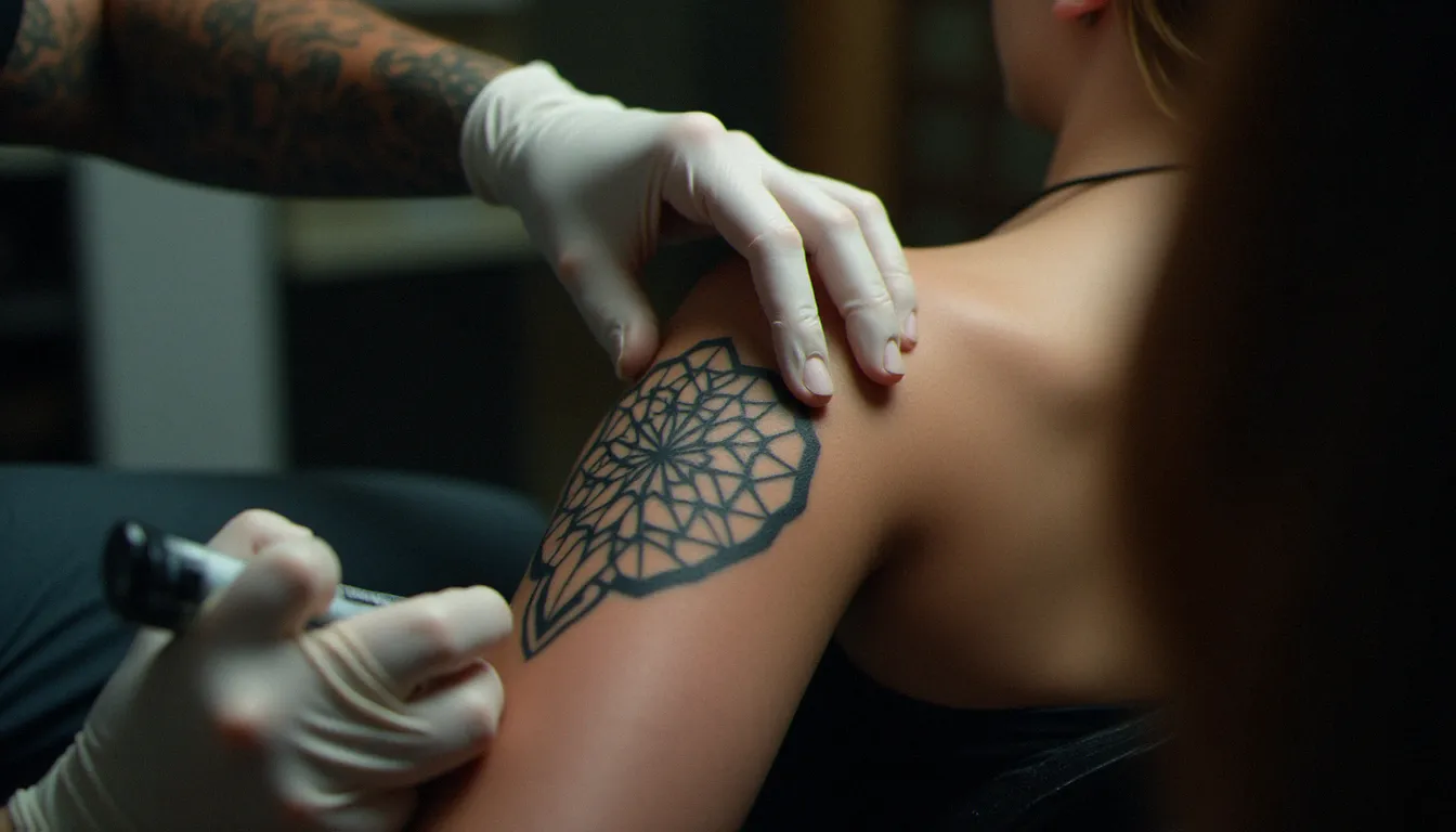 Mains d'une tatoueuse appliquant une fine couche de baume cicatrisant sur un tatouage géométrique frais sur le bras d'un client en studio
