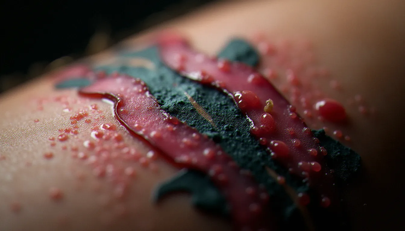 Gros plan macro sur la peau en cours de cicatrisation d'un tatouage montrant les différentes couches épidermiques et les pigments visibles en dessous