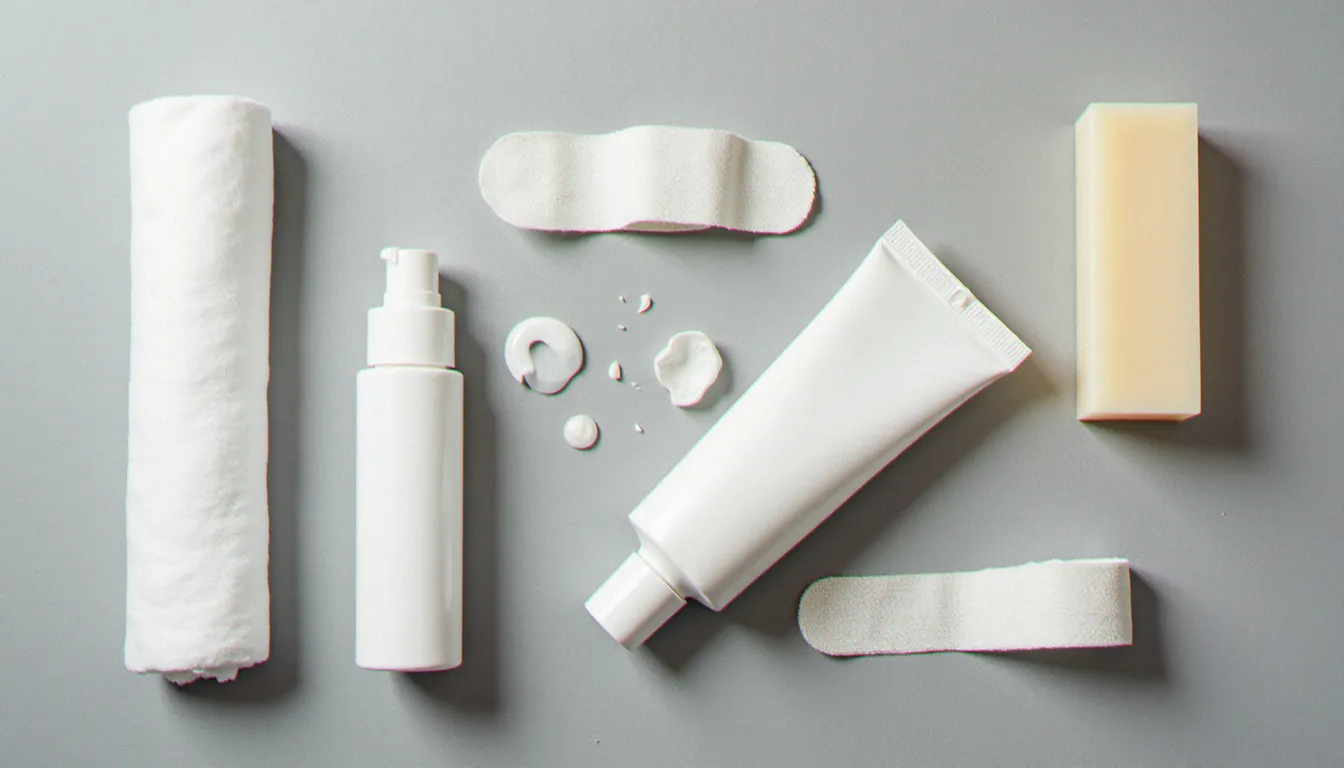 Vue de dessus d'une sélection de produits de soin post-tatouage incluant une crème cicatrisante, compresses stériles et savon surgras, sur fond béton gris