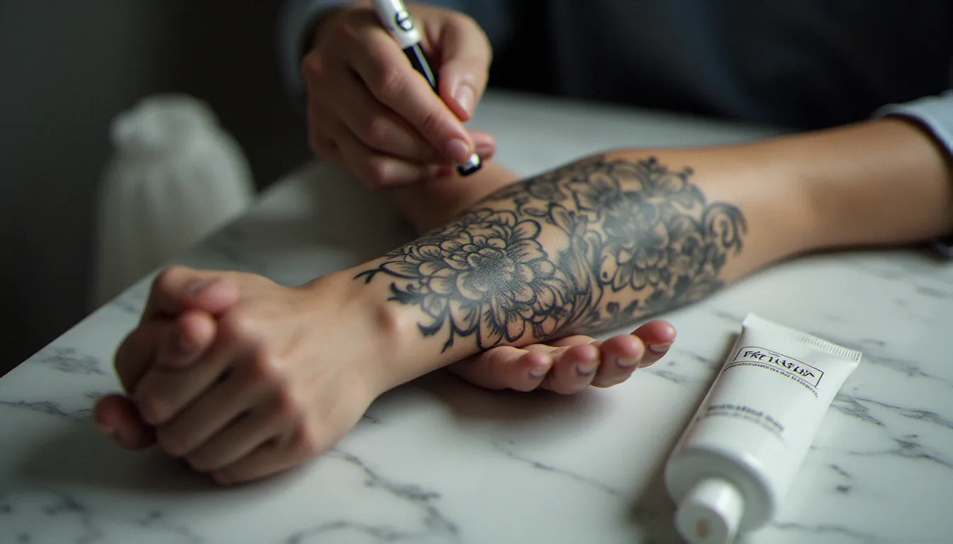 Application d'une crème cicatrisante type Cicatryl sur un tatouage floral noir et gris fraîchement réalisé sur l'avant-bras, illustrant les soins post-tatouage recommandés