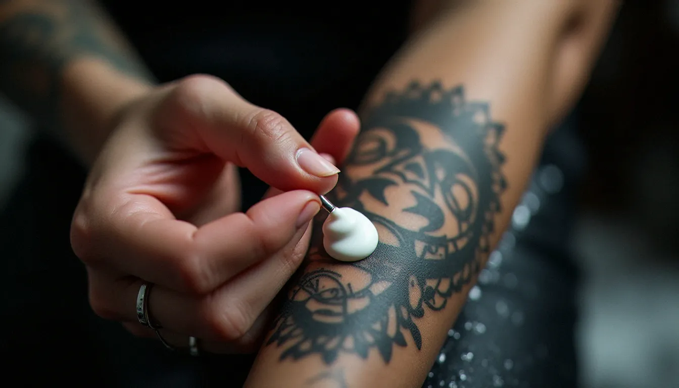 Application d'une crème cicatrisante sur un tatouage en noir et gris sur l'avant-bras intérieur, geste doux et précis