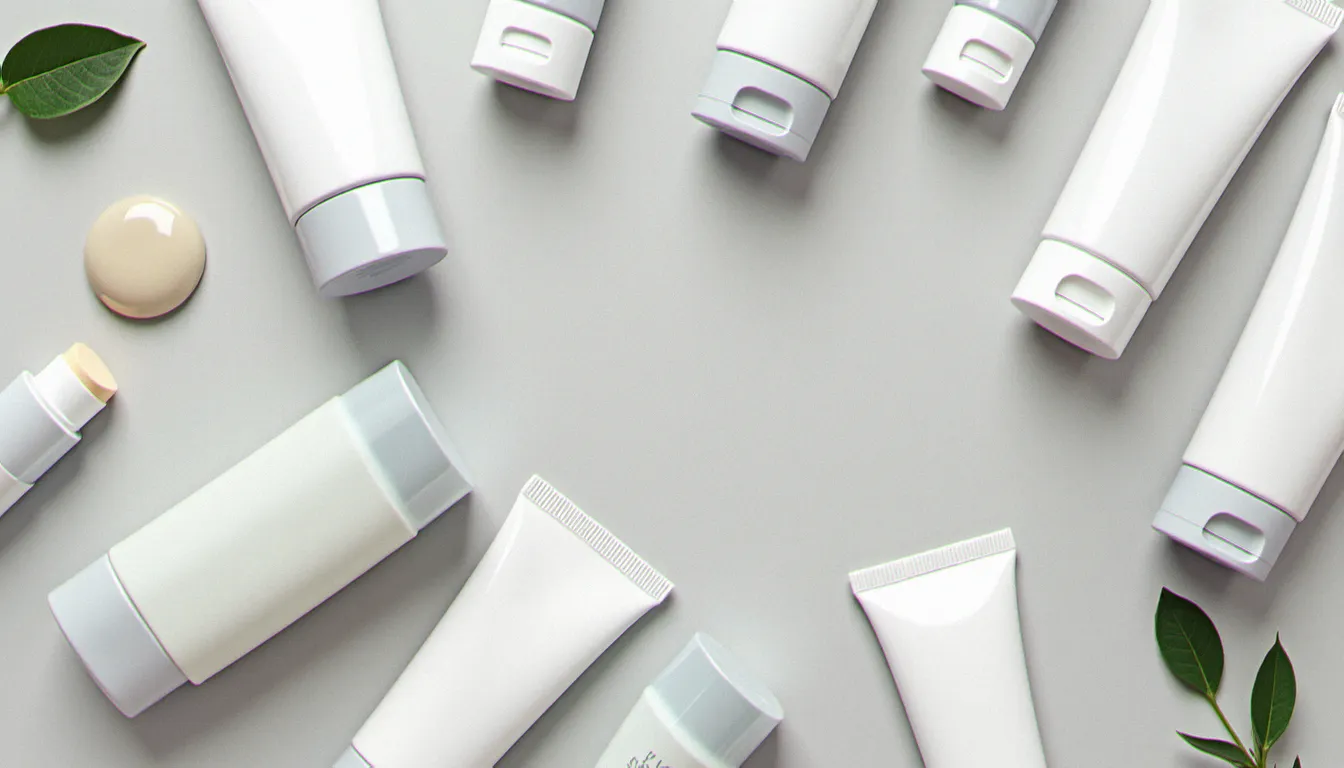 Sélection de produits de soin pour tatouage cicatrisé incluant crème hydratante, gel aloe vera et protection solaire, posés sur fond lin gris