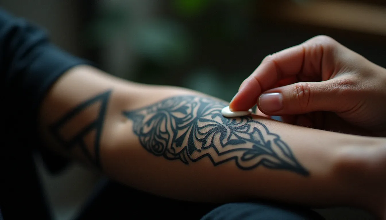 Personne appliquant une crème cicatrisation tatouage sur un tatouage géométrique en phase de desquamation