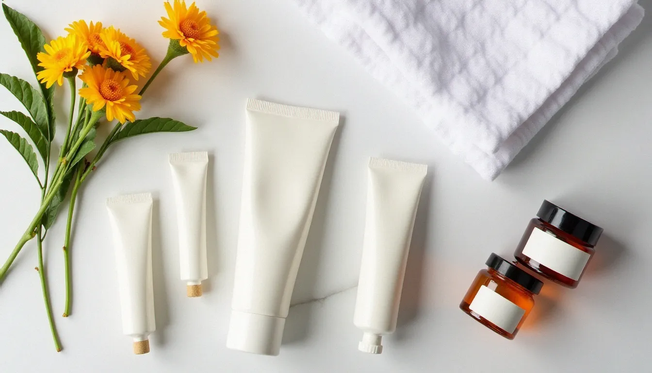 Sélection de crèmes de cicatrisation pour tatouage disposées sur marbre blanc avec des fleurs de calendula, représentant les actifs naturels des soins post-tatouage