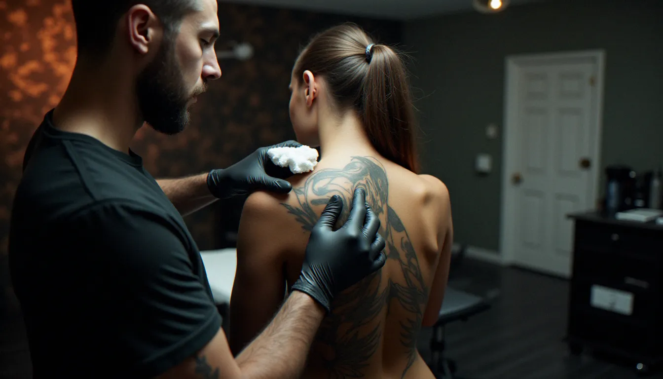 Tatoueuse en studio appliquant un soin cicatrisant sur un grand tatouage dans le dos d'une cliente, illustrant le protocole d'application professionnelle