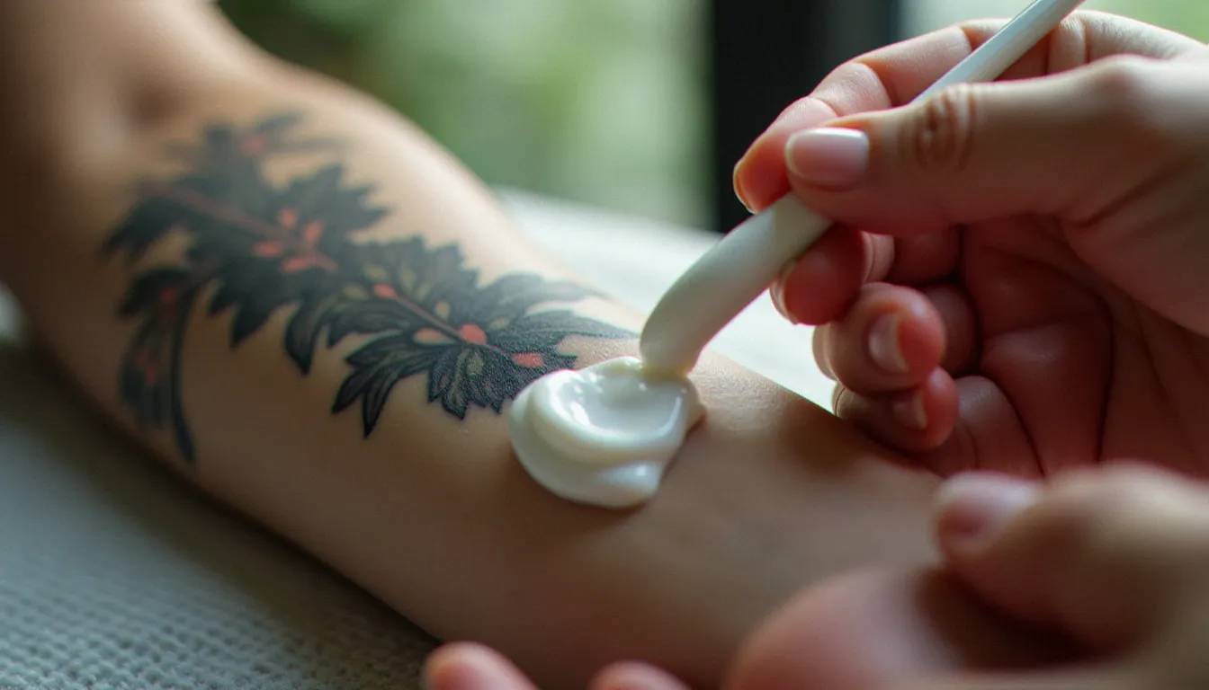 Application d'une crème pour tatouage cicatrisation sur un avant-bras fraîchement tatoué avec un motif floral, lumière naturelle