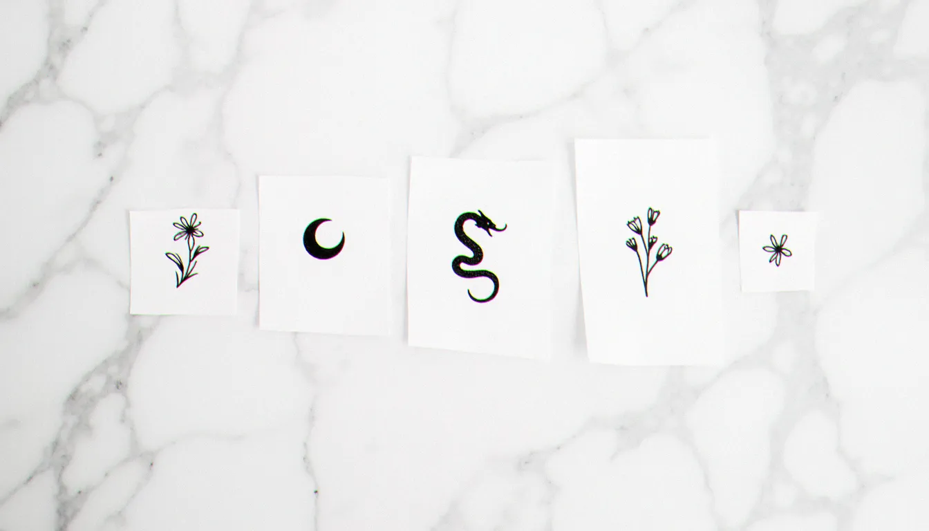 Planche de motifs minimalistes adaptés à un petit tatouage discret aine femme : lune, serpent, fleurs et étoiles en fine line