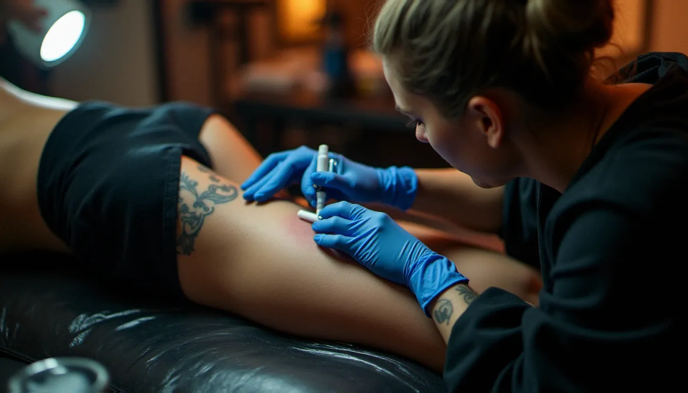 Tatoueuse professionnelle appliquant une crème cicatrisante sur un tatouage aine femme fraîchement réalisé dans un studio propre et moderne