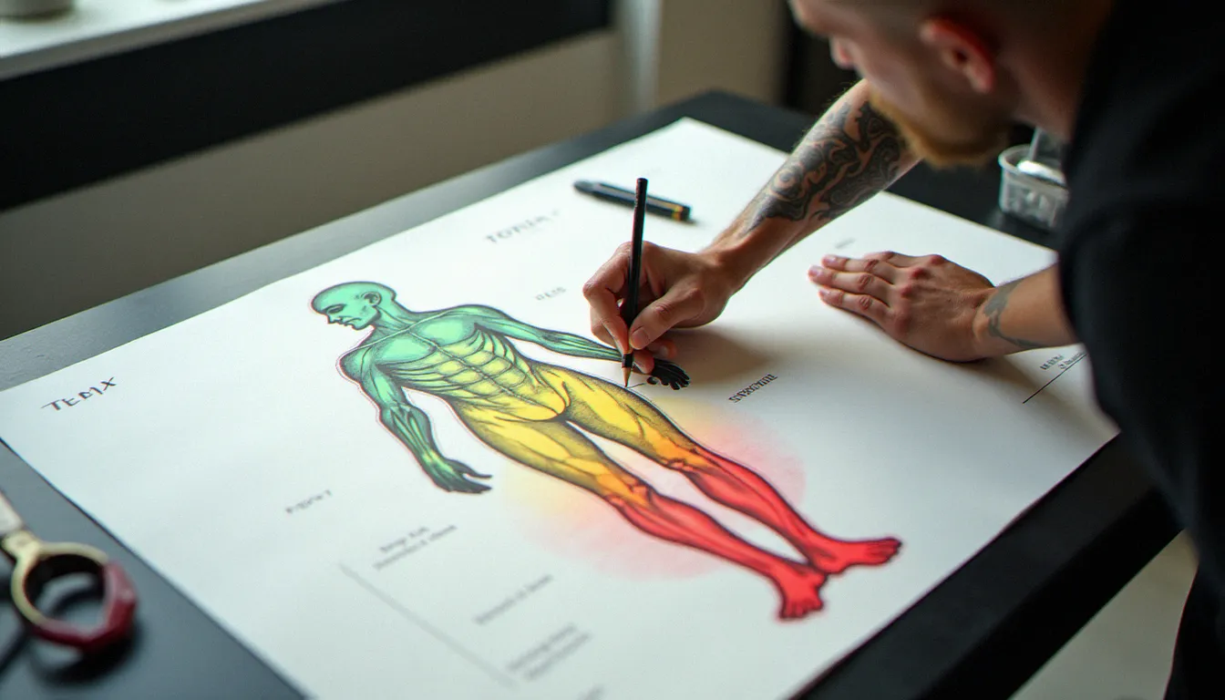 Carte anatomique des zones de douleur pour choisir l'endroit pour un tatouage, avec dégradé de couleurs du vert au rouge selon l'intensité
