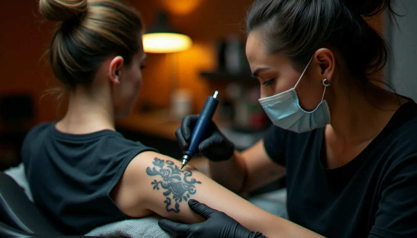 Tatoueuse professionnelle s'apprêtant à tatouer le bras d'une cliente, illustrant le choix de l'endroit pour un tatouage dans un studio moderne