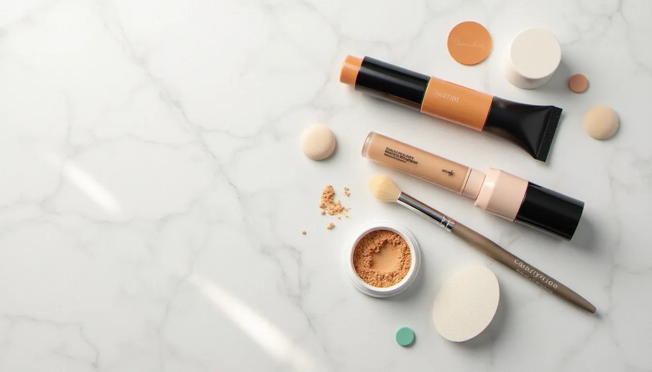 Sélection de produits maquillage haute couvrance posés sur marbre blanc, incluant correcteurs de couleur vert et orange et fond de teint couvrant pour tatouage