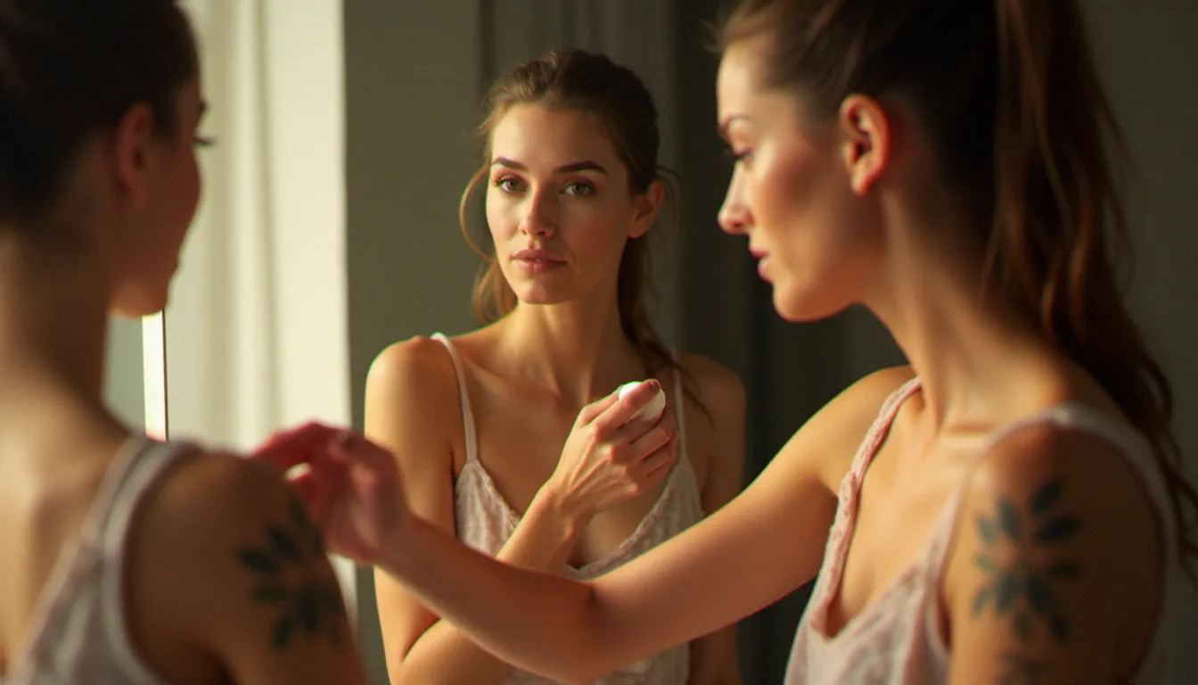 Jeune femme tatouée appliquant un fond de teint qui cache tatouage sur son avant-bras avec une éponge beauté devant un miroir éclairé à la lumière naturelle du soir