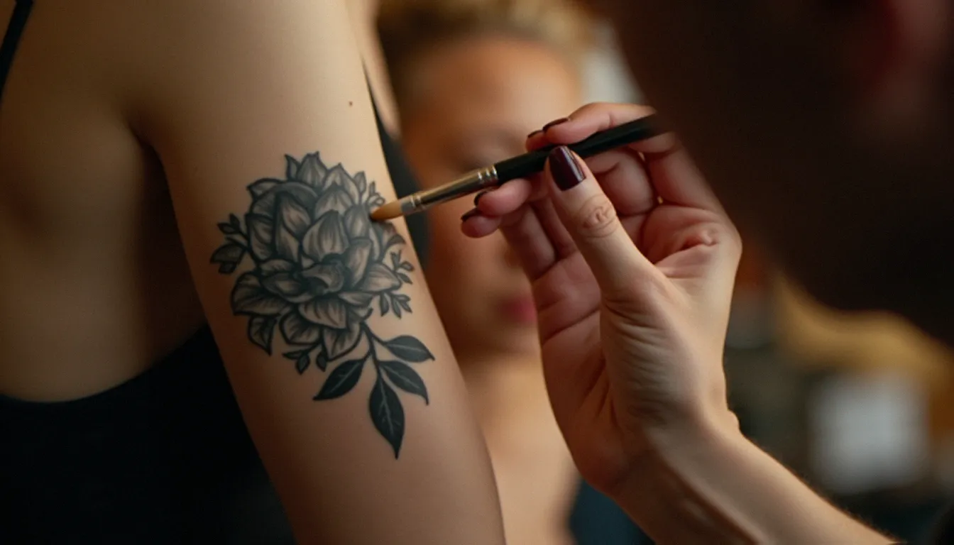 Application d'un fond de teint qui cache tatouage sur un avant-bras tatoué de motifs floraux noirs, technique professionnelle avec pinceau plat en studio