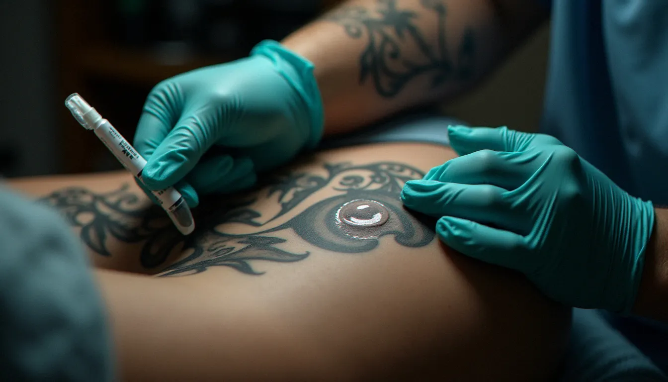 Tatoueuse en gants appliquant délicatement une crème médicale sur un tatouage frais de grand format sur le bras d'un client en studio