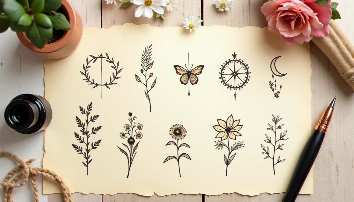 Planche de flash de tatouage pour femme avec motifs botaniques, mandalas géométriques et symboles célestes dessinés à l'encre de chine sur papier parchemin