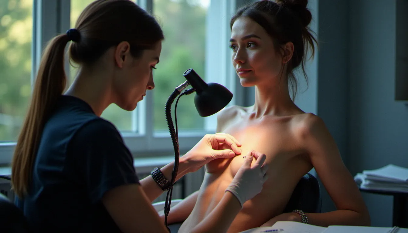 Tatouiste en consultation examinant une cicatrice de mastectomie avant une séance de tatouage, dans un studio professionnel éclairé naturellement