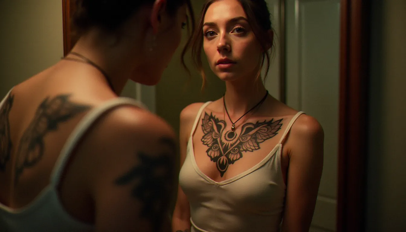 Femme regardant dans un miroir son tatouage blackwork géométrique sur cicatrice de mastectomie, moment d'introspection après reconstruction par tatouage