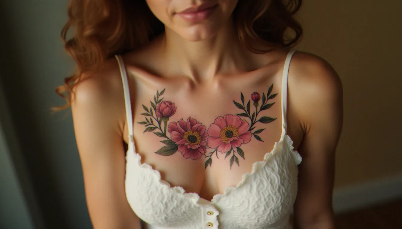 Tatouage botanique de pivoines intégrant une cicatrice de mastectomie sur la poitrine d'une femme, exemple de mastectomie tatouage artistique