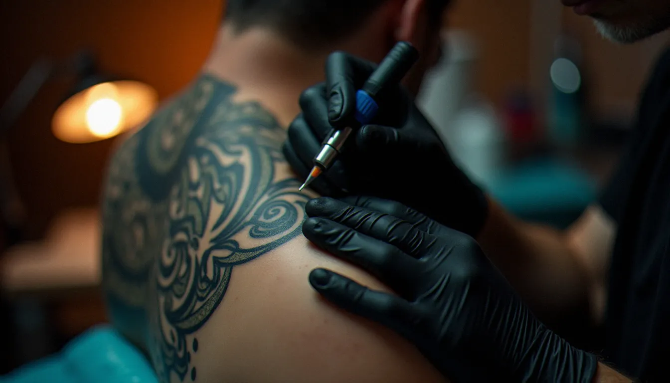 Application d'une pommade cicatrisante par une tatoueuse sur un tatouage géométrique frais à l'épaule d'un client en studio