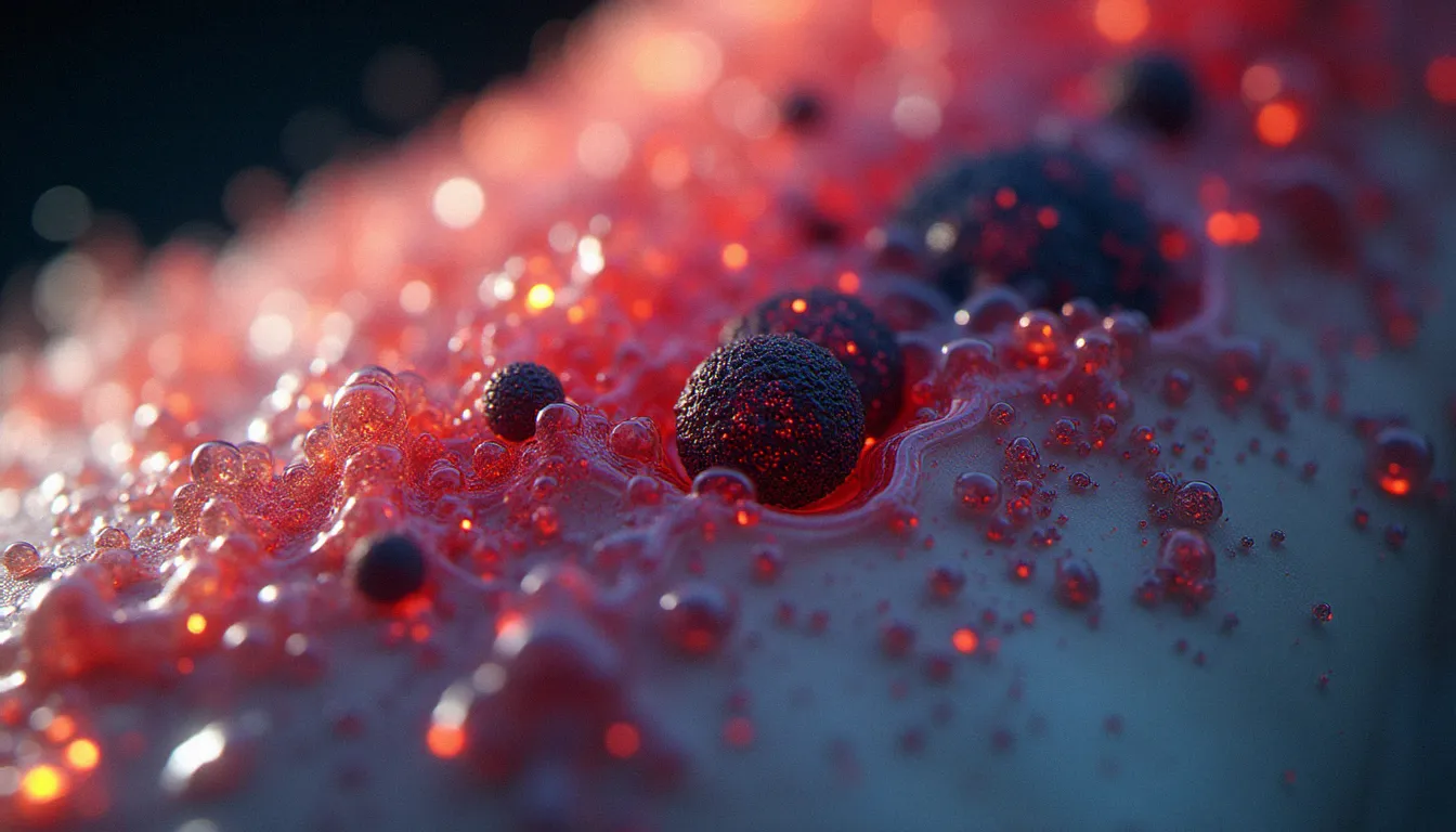 Vue macro illustrant la fragmentation des particules d'encre de tatouage dans les couches de la peau, montrant le mécanisme du bleuissement des pigments