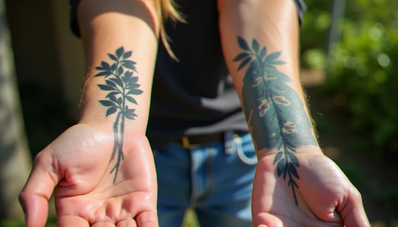 Comparaison entre un tatouage noir récent et un tatouage ancien bleuté sur deux zones de peau différentes, sous lumière naturelle extérieure