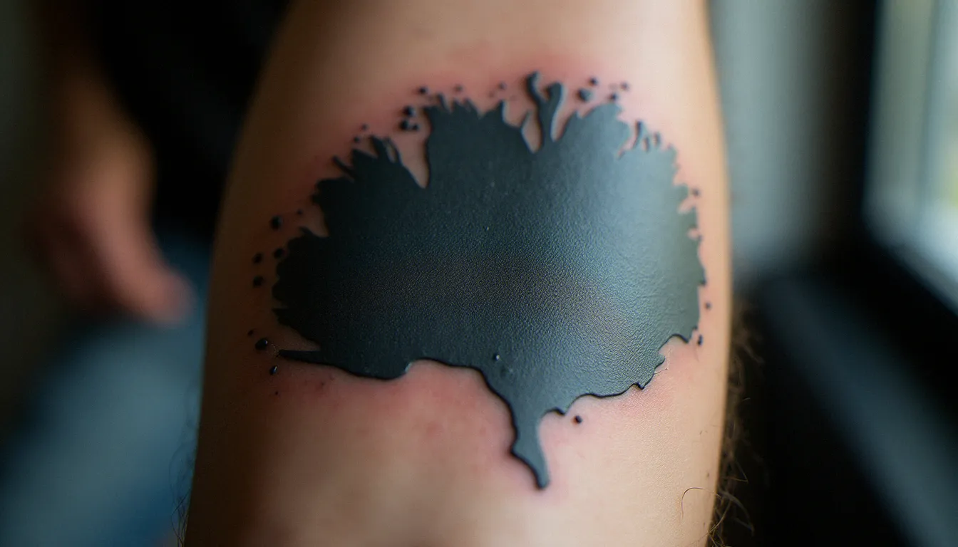 Gros plan sur un tatouage noir vieilli sur un avant-bras montrant un bleuissement typique de l'encre, illustrant pourquoi un tatouage devient bleu avec le temps
