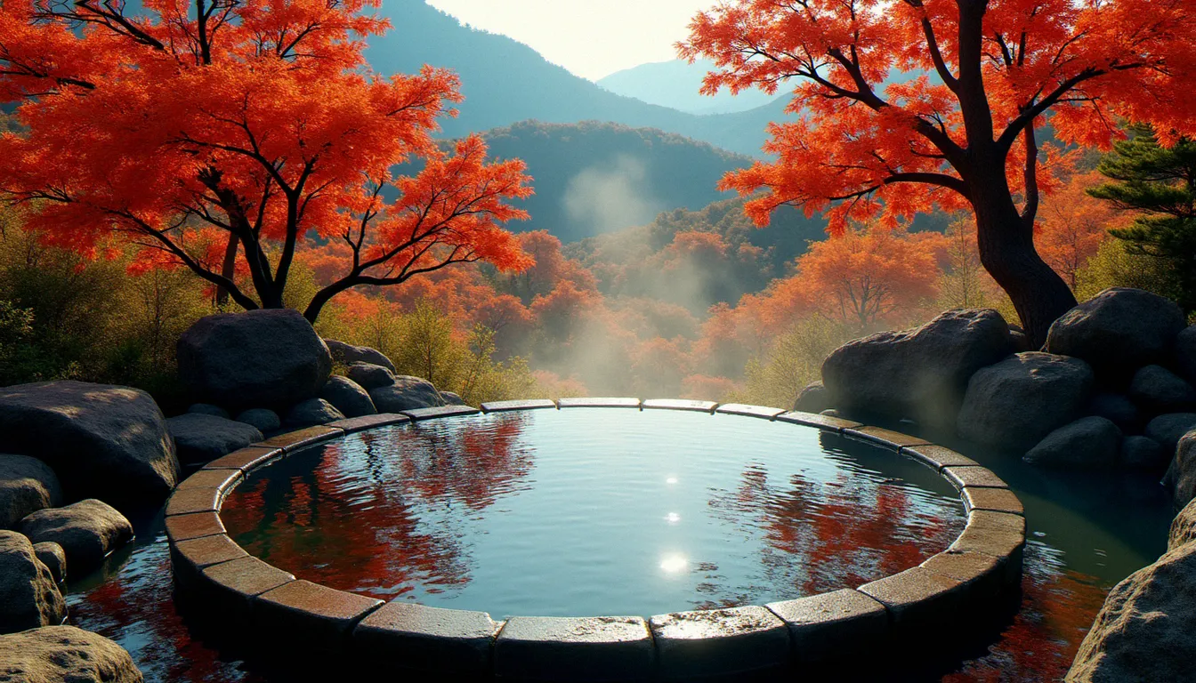 Vue aérienne d'un rotenburo japonais en plein air entouré d'érables d'automne, source thermale naturelle avec vapeur montant de l'eau minérale sombre